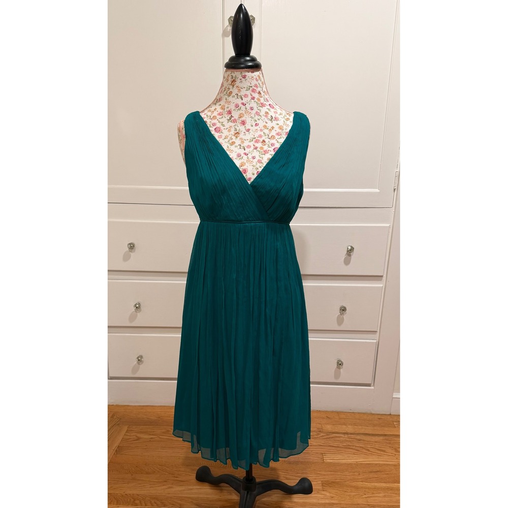 100% Silk Teal Green Pleated Preppy Cocktail V Neck Midi Dress Sleeveless